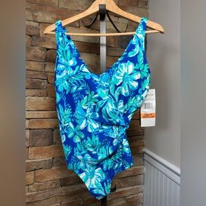 NWT 38DD Chlorine Resistant Bra Sized Tropical Draped Sash One Piece Swimsuit